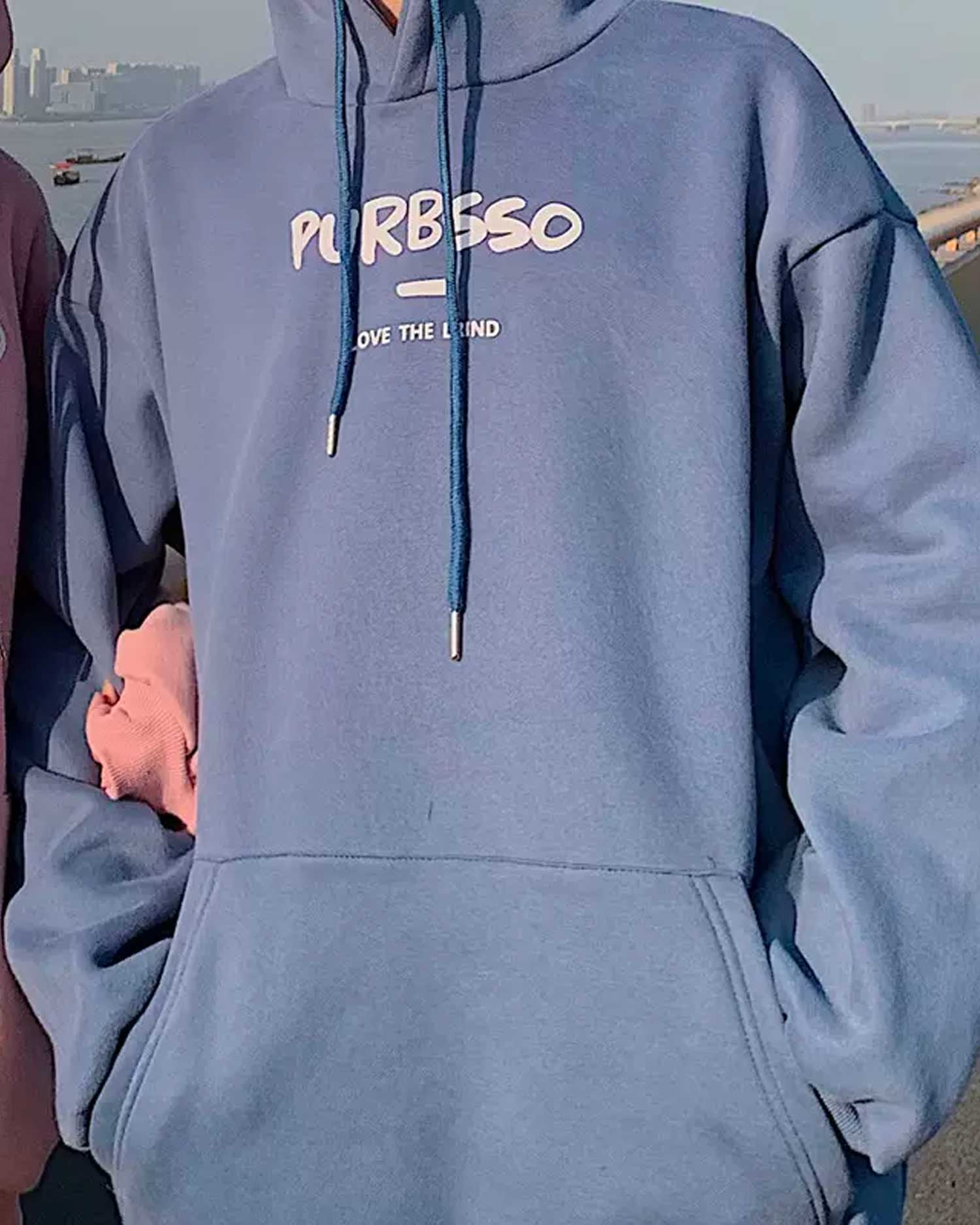 Basic Kangaroo Pocket Drawstring Hoodie - Dusty blue, L image