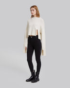 Cropped Side Slit Cashmere Sweater - lvory, M image