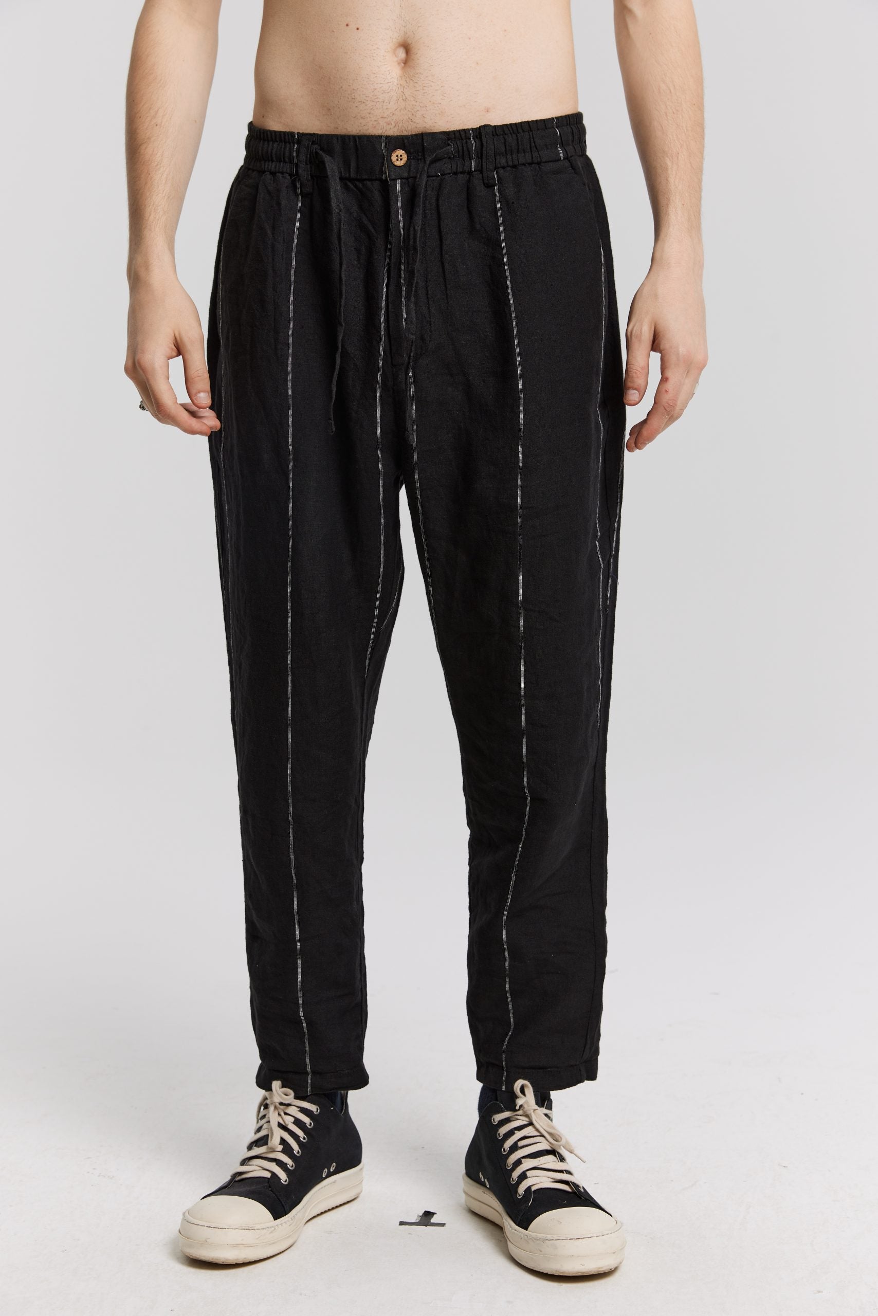 1 × Linen Striped Trousers - Black, M image