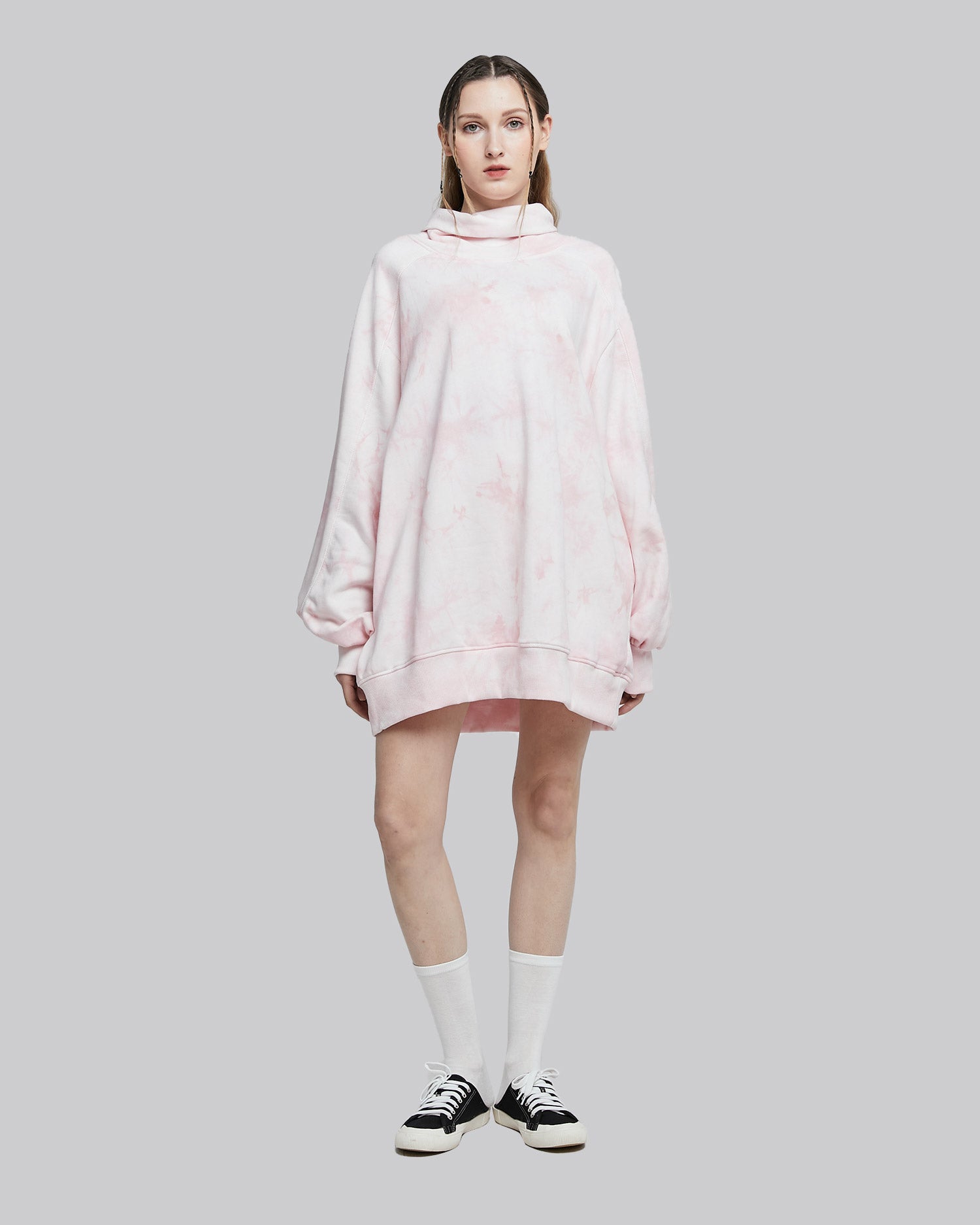 Tie-Dye Balloon Sleeve Turtleneck Sweatshirt - Pink Baby, XL image