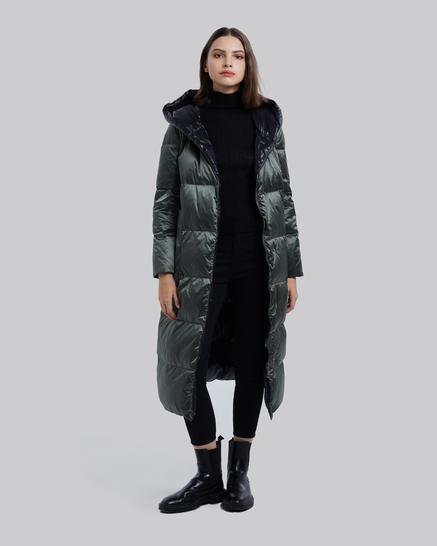 Calf-Length Hooded Jacket - Dark Green, L image