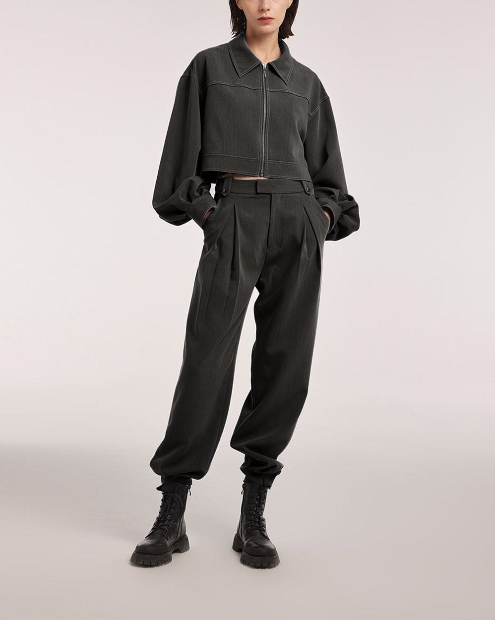 Belt Pleated Pants - Gray, M image