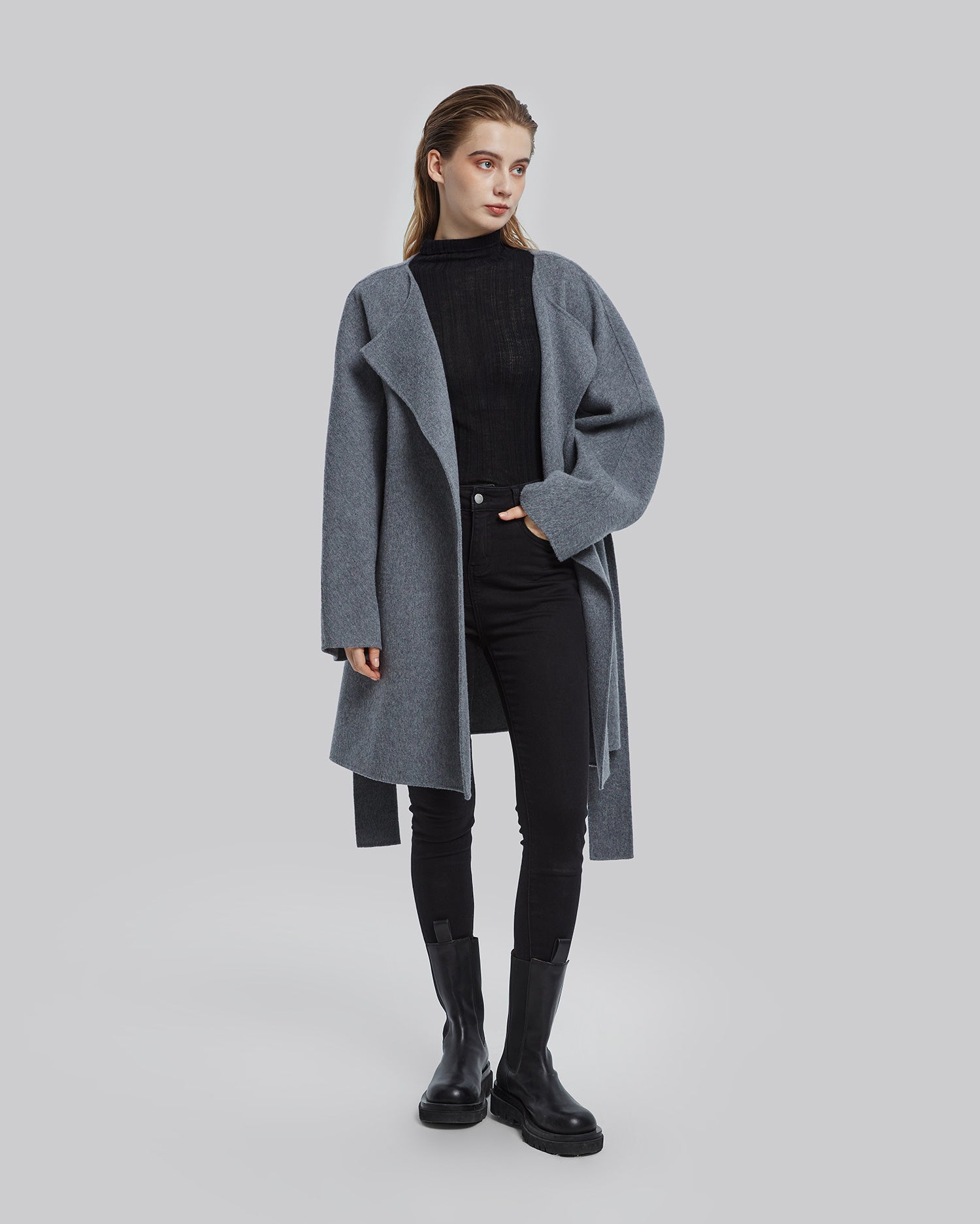 Cashmere Short Wrap Coat - Grey, L image
