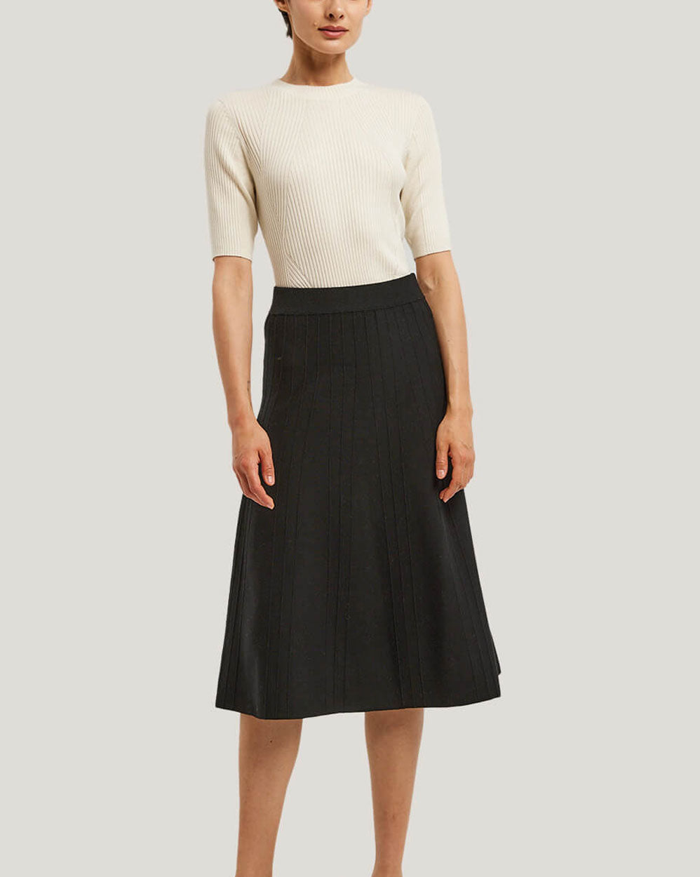 Stripe Knitted Midi Wool Skirt - Black, S image