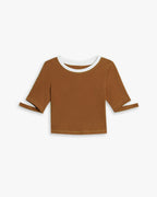 Unique Sleeve Crewneck Crop Top - Saddle Brown, S image