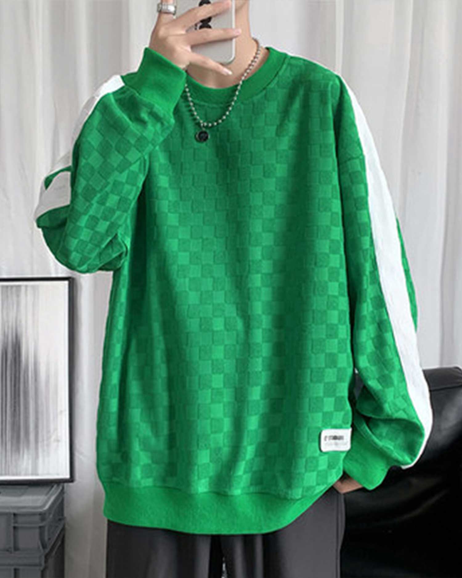 Plaid Jacquard Crewneck Sweatshirt - Spring Green, XXL image