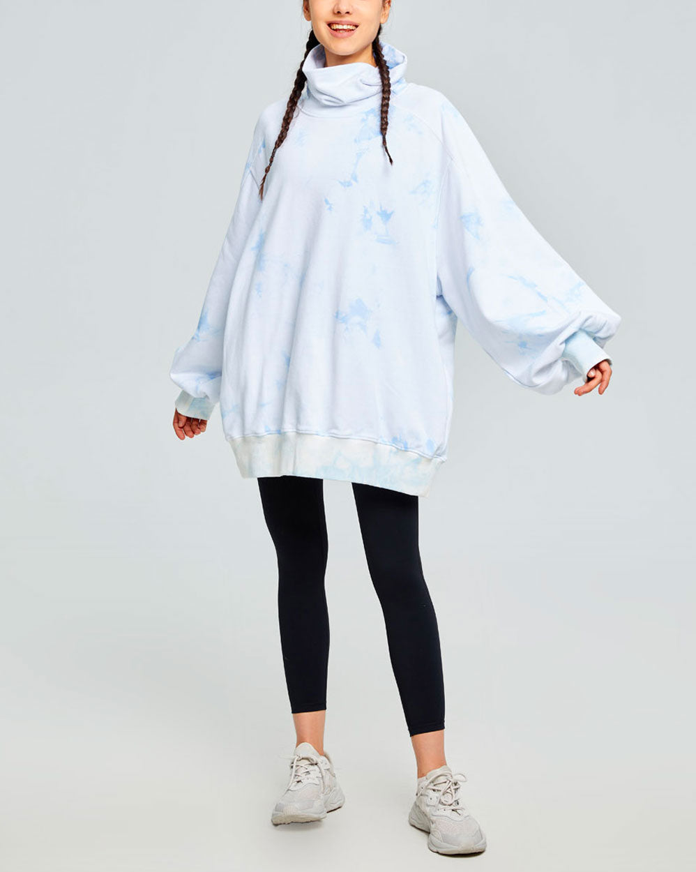 Tie-Dye Balloon Sleeve Turtleneck Sweatshirt - Lilac, XXL image
