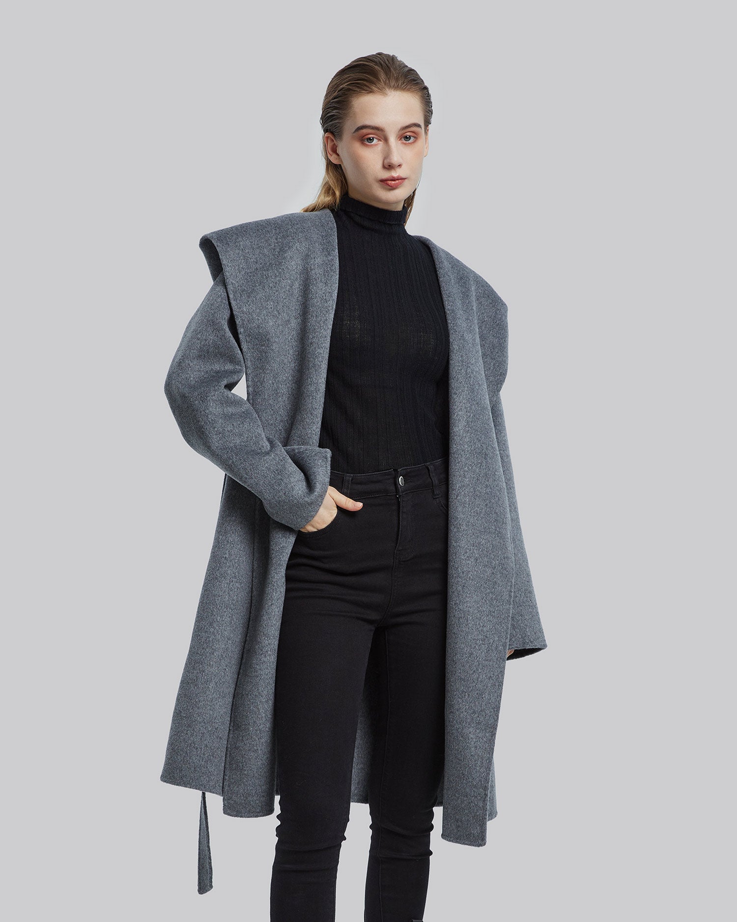 Hooded Wool Coat with Large V-Lapels image 1