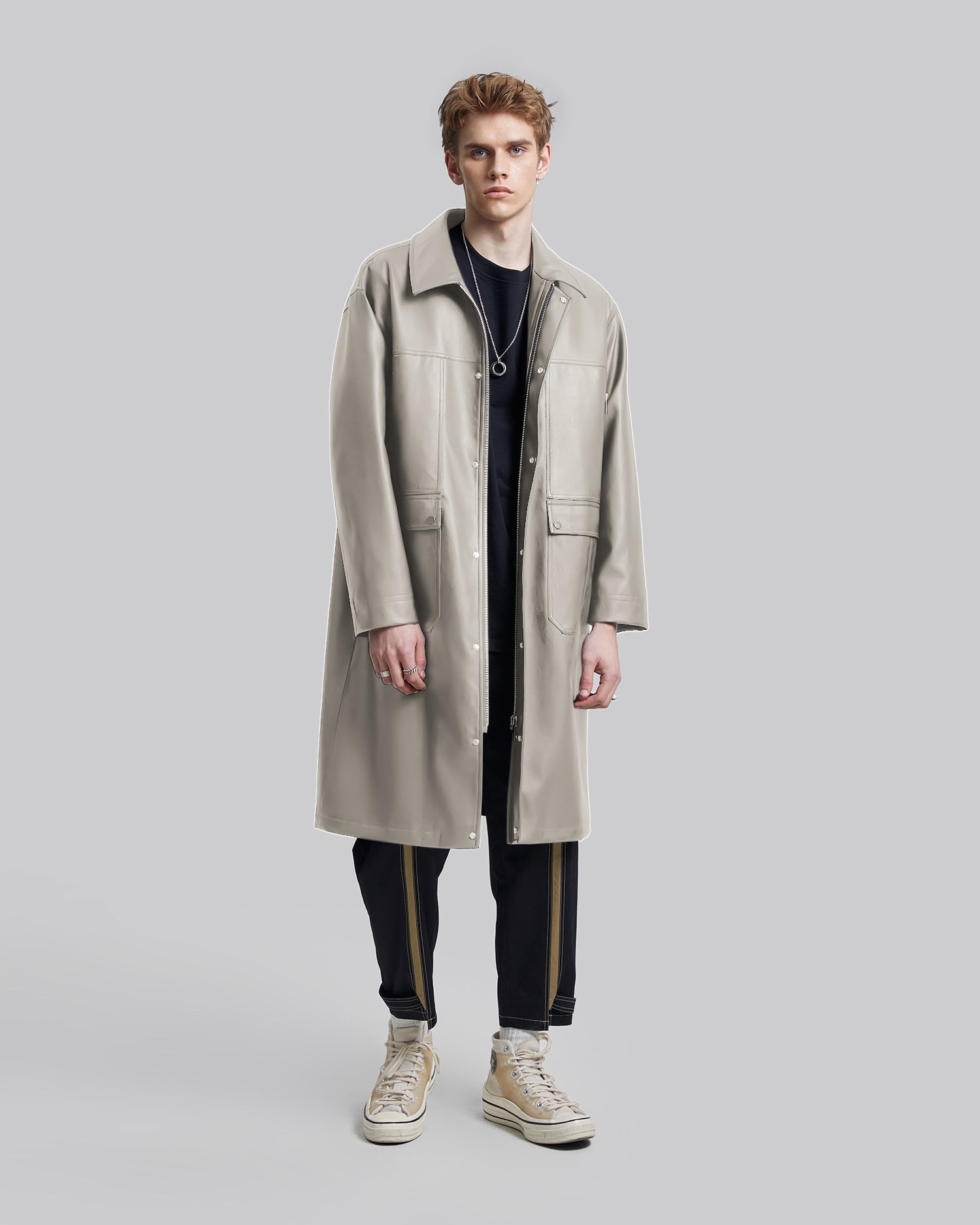 Multi-Pocket Leather-Like Long Coat image 1