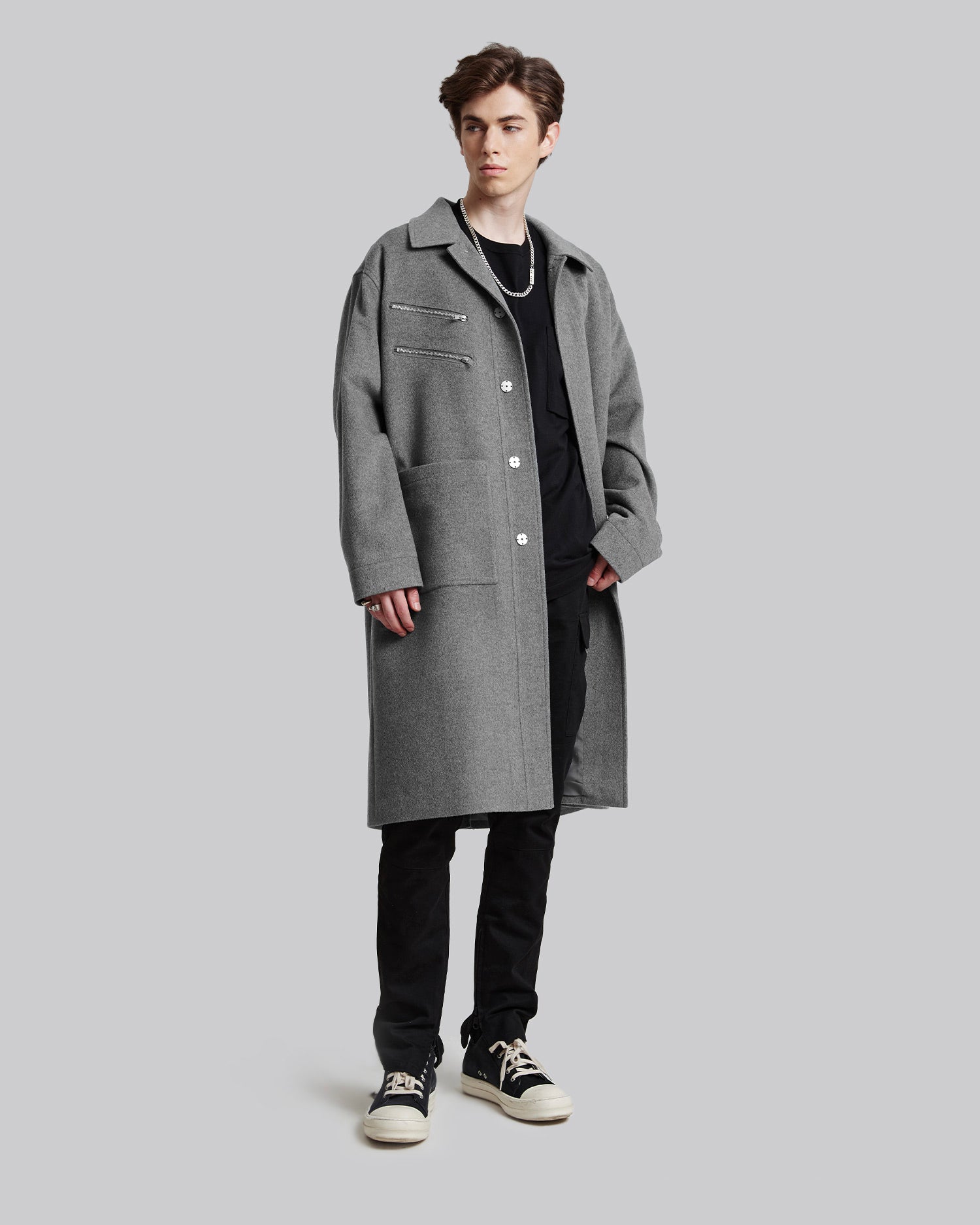 Double Zipper Wool Coat - Fog, L image