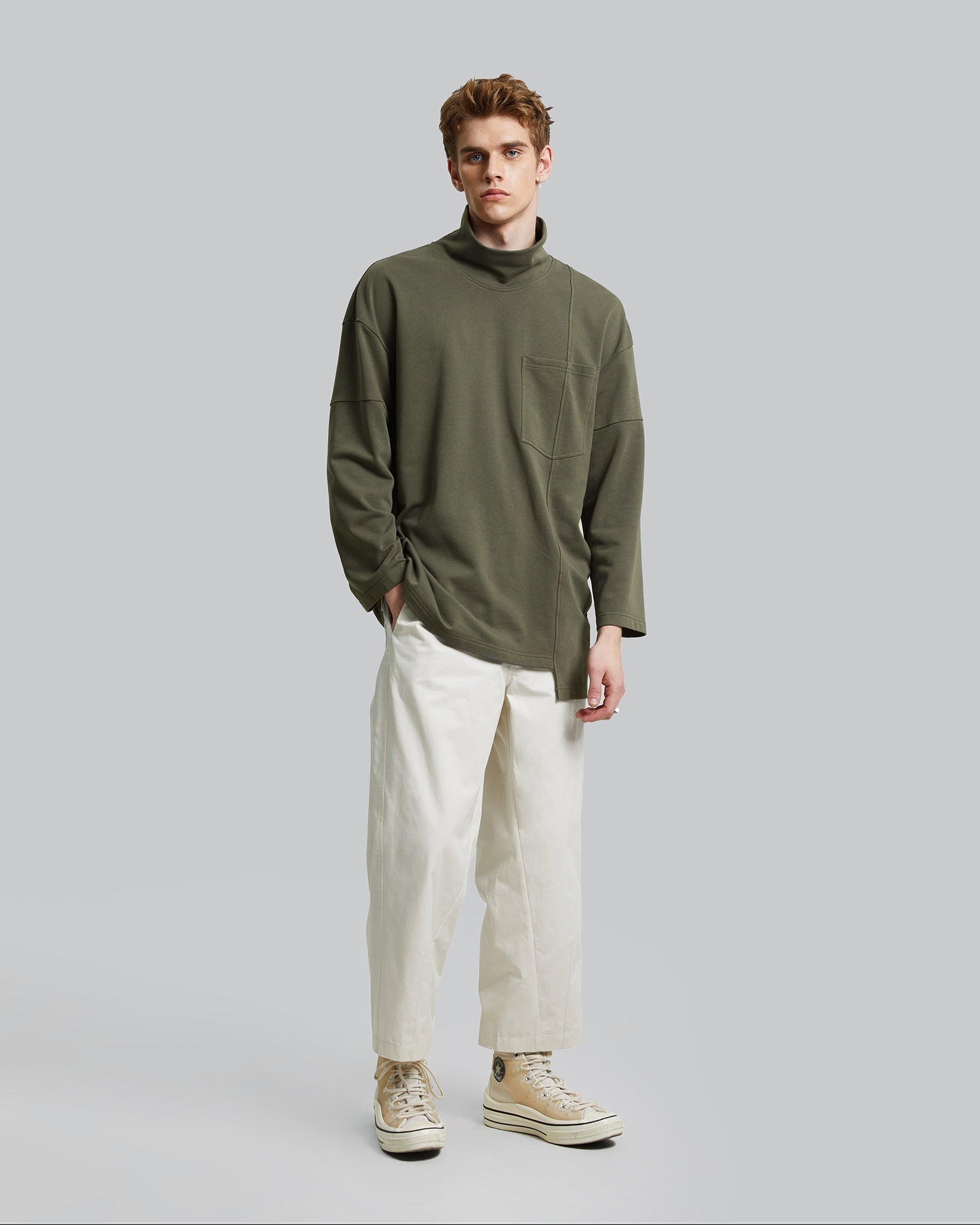 High Neck Asymmetric Sweatshirt - Dusty Green, M image