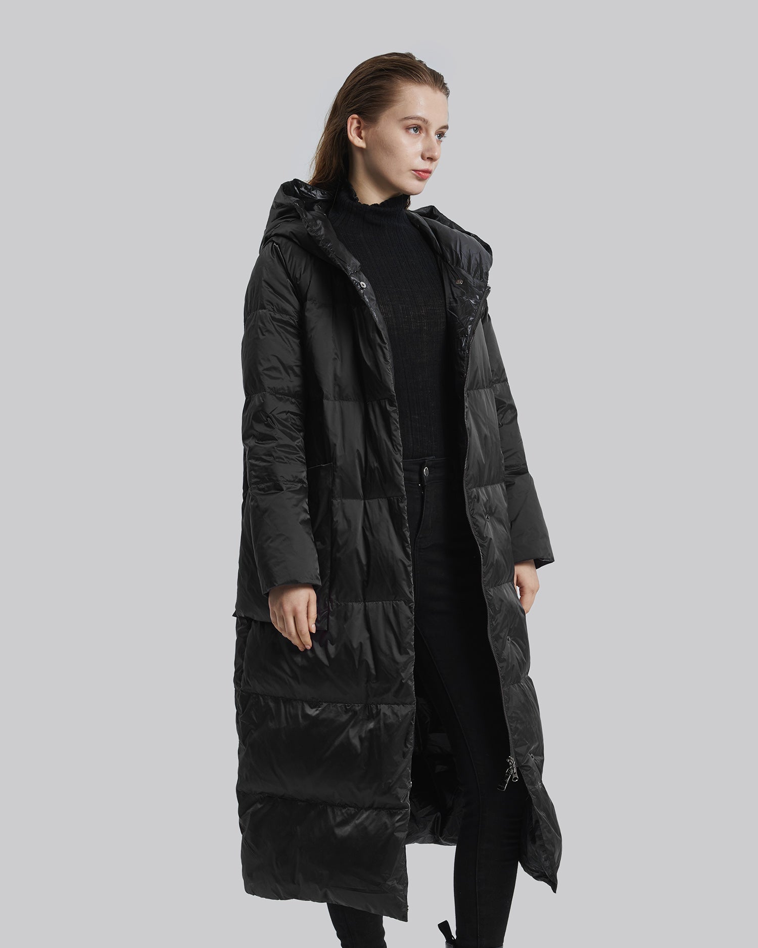 Calf-Length Hooded Jacket - Black, M image