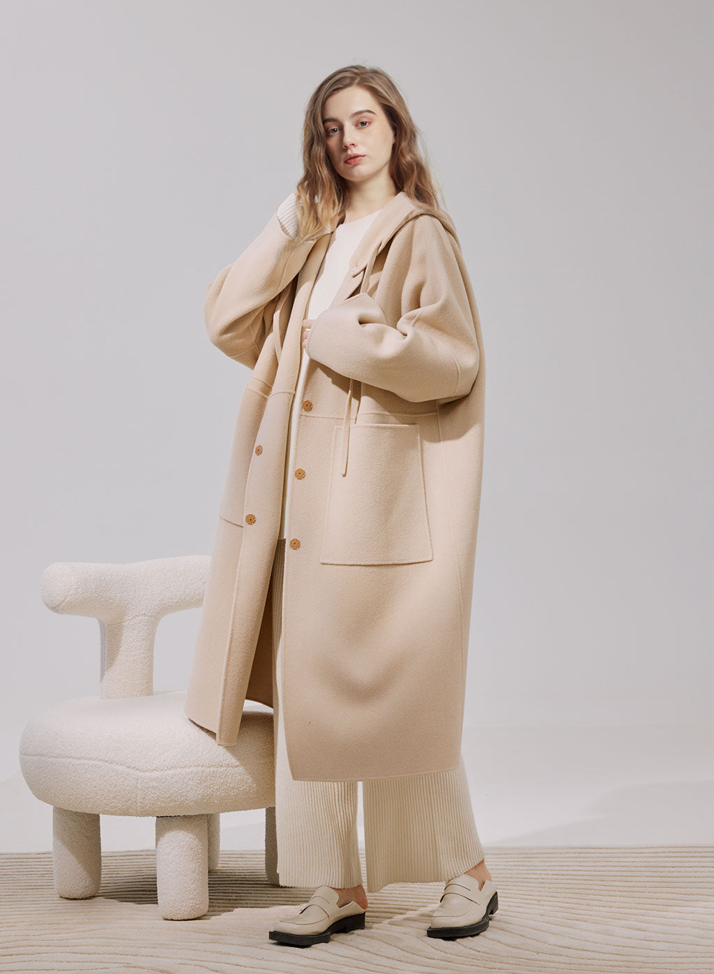 Detachable-Hood Wool Long Coat - Cream, S image