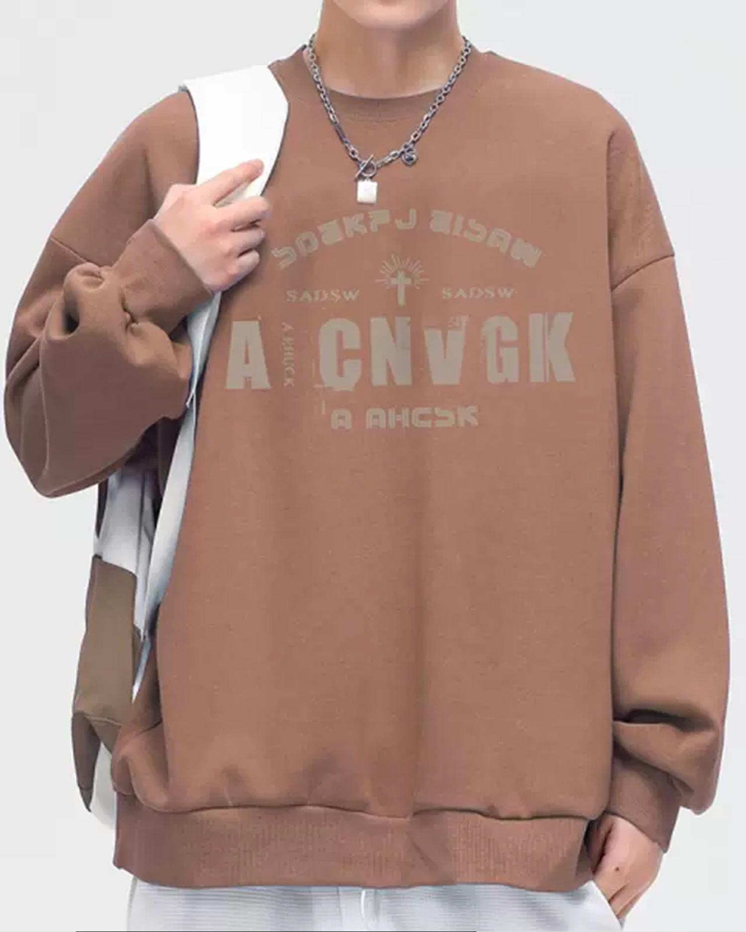 Fleece Lined Letter Sweatshirt - Brown, XXL image