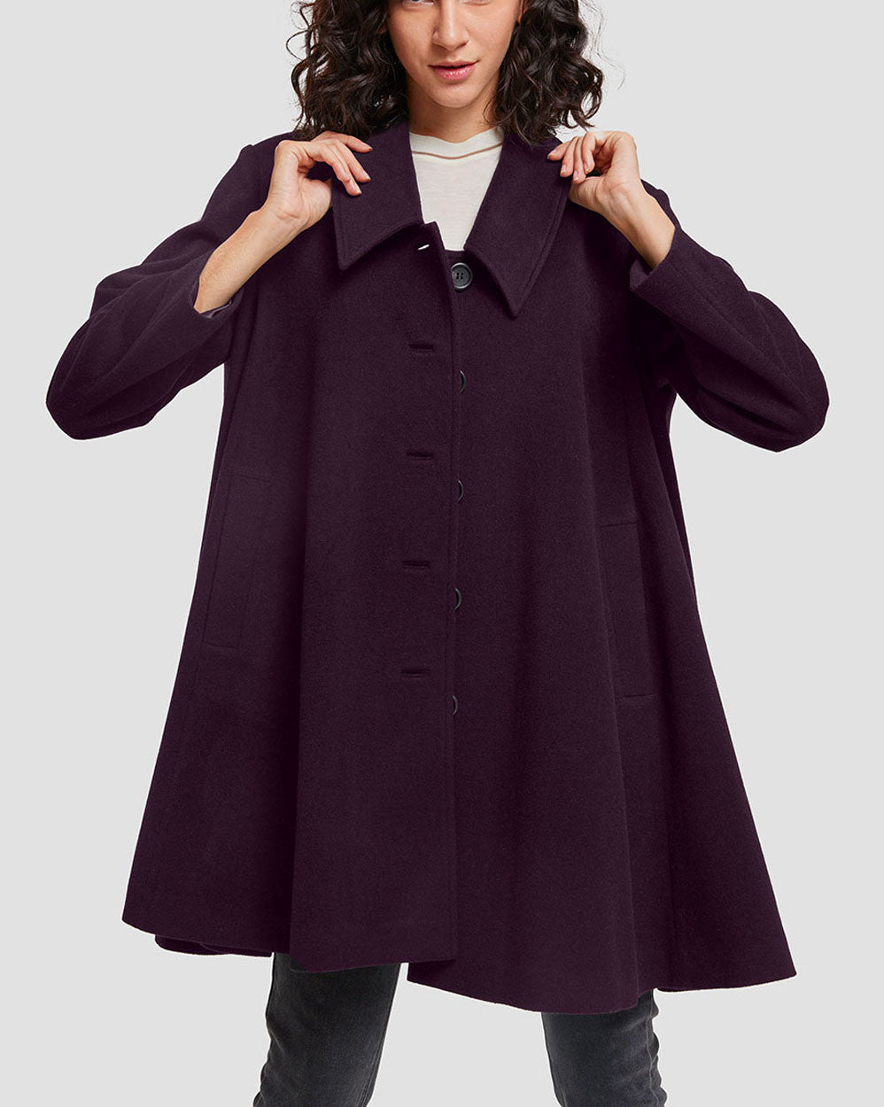 Cape-Shape Cashmere Coat - Eggplant, S image