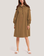 Long Sleeve Cotton-Blend Dress - Camel, XL image