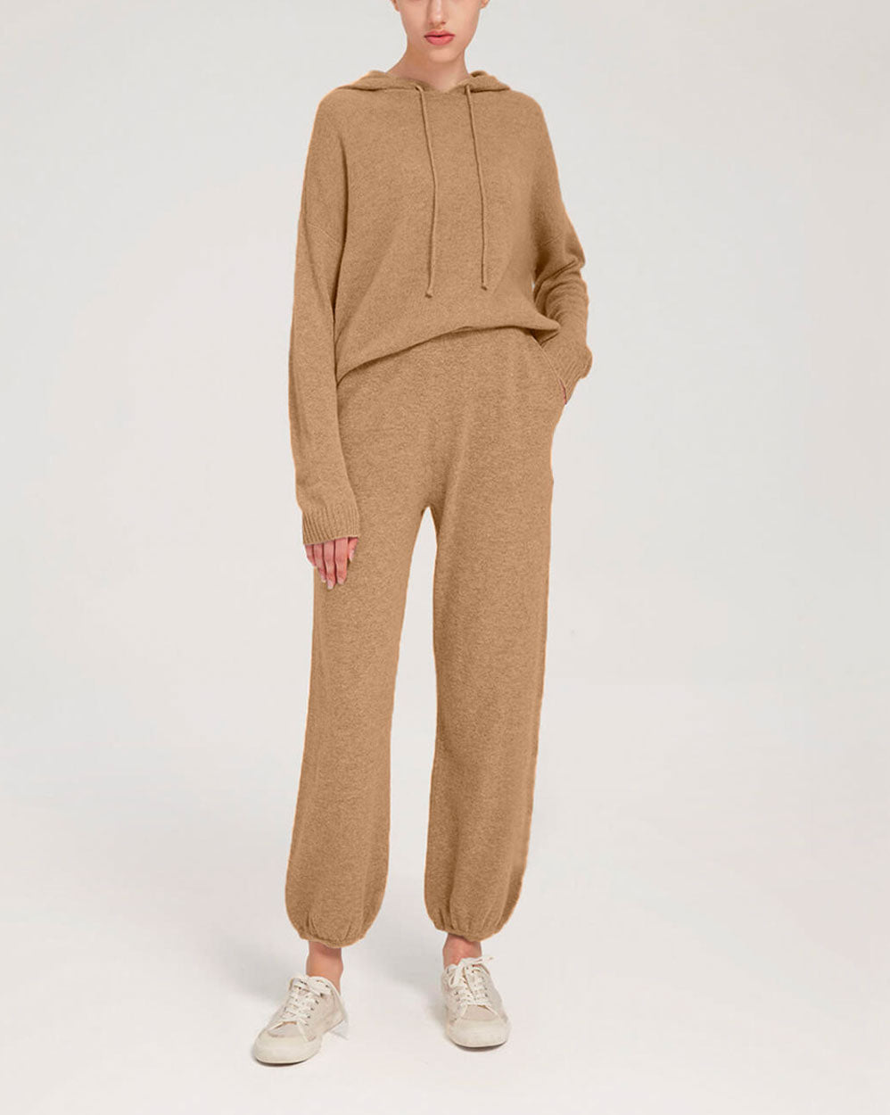 Fine-Knit 100% Wool Hoodie Set - Camel, S image