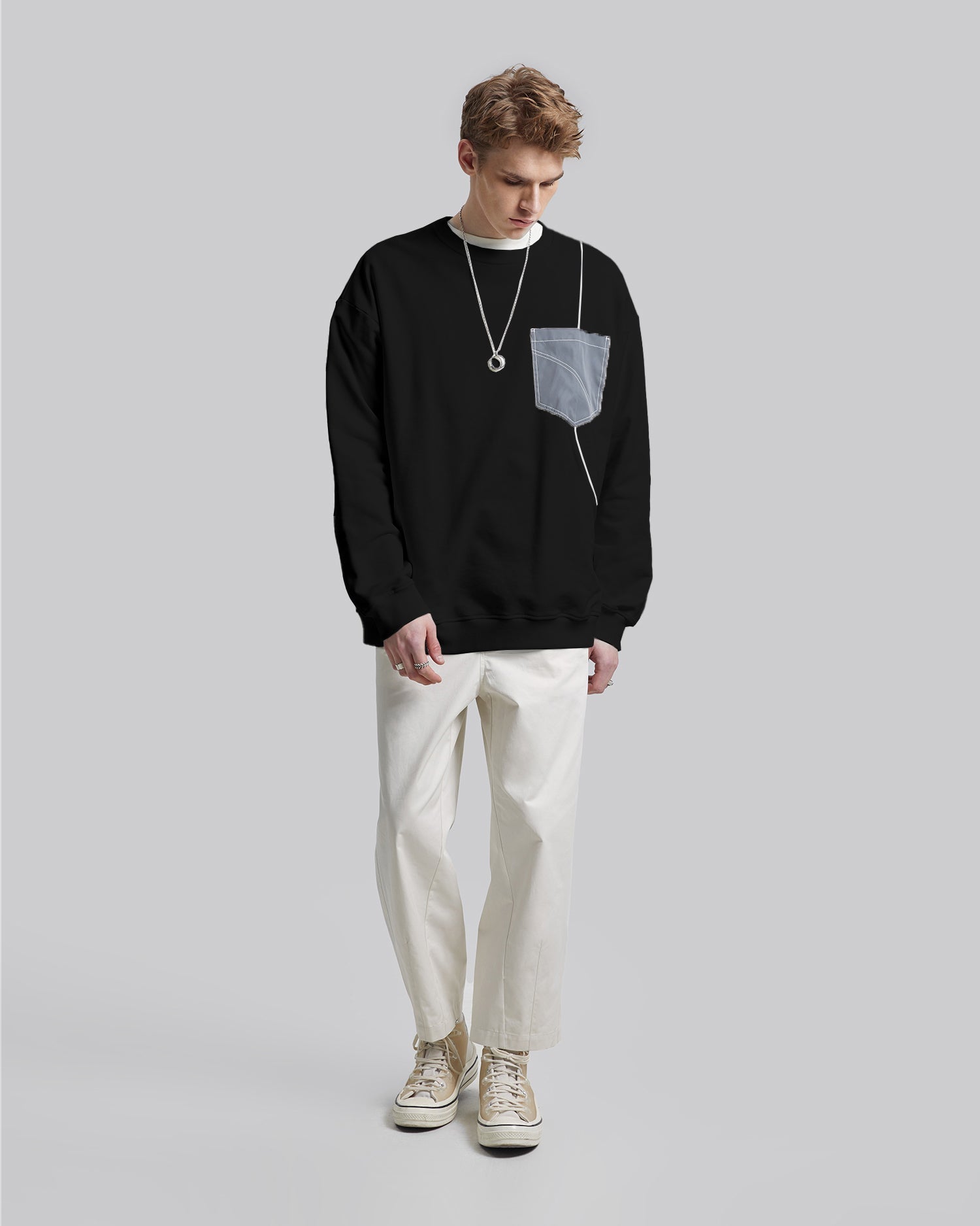 Contrast Color Crewneck Sweatshirt - Black, M image
