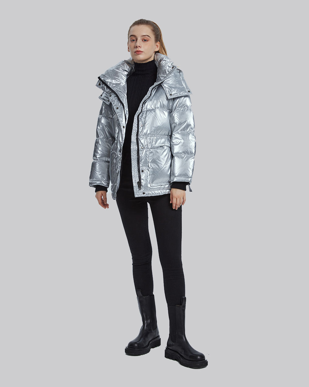 Shiny Belted Puffer Jacket - Silver, M image