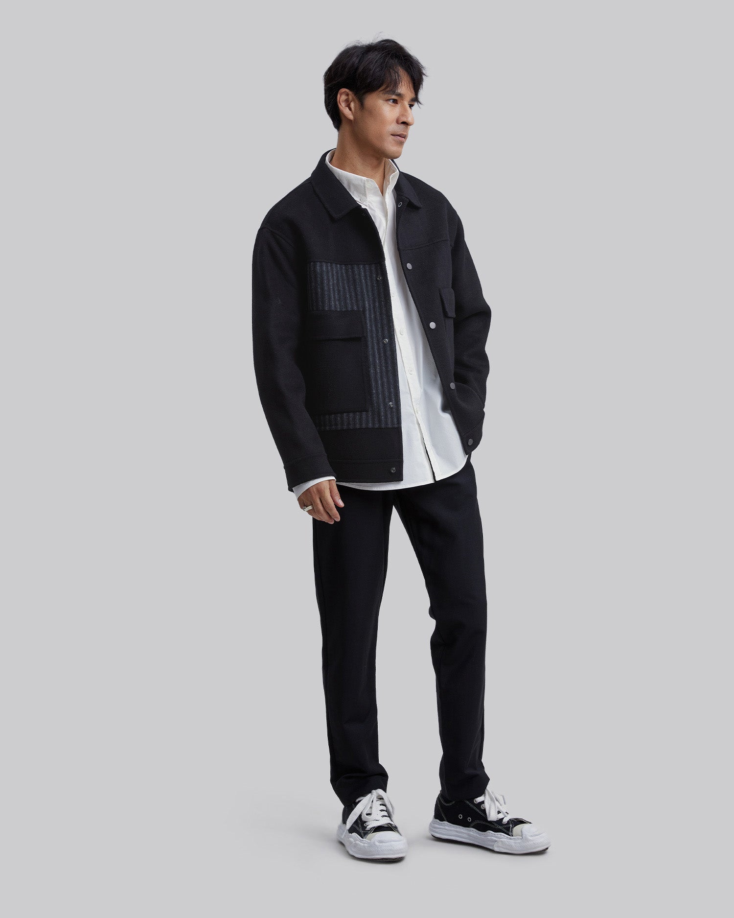 Snap Button Woolen Jacket - Black, M image