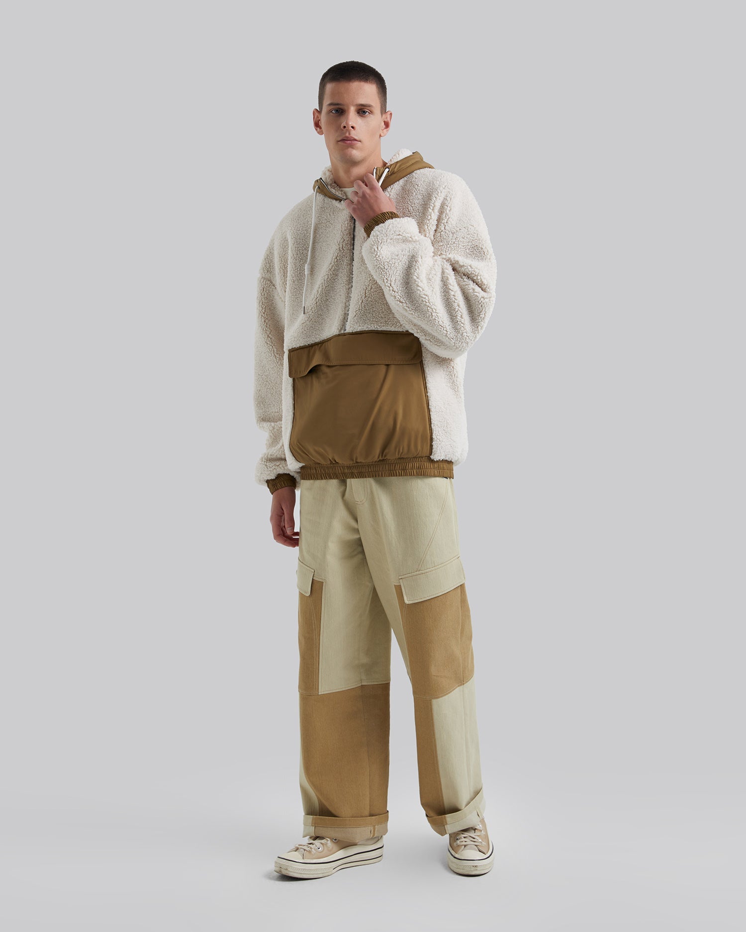 Fleece Hoodie with Half-Zipper - White, M image