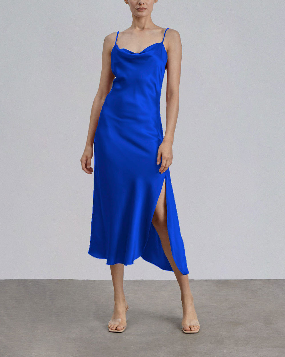 Spaghetti Strap Bias Cut Silk Dress - sapphire, S image