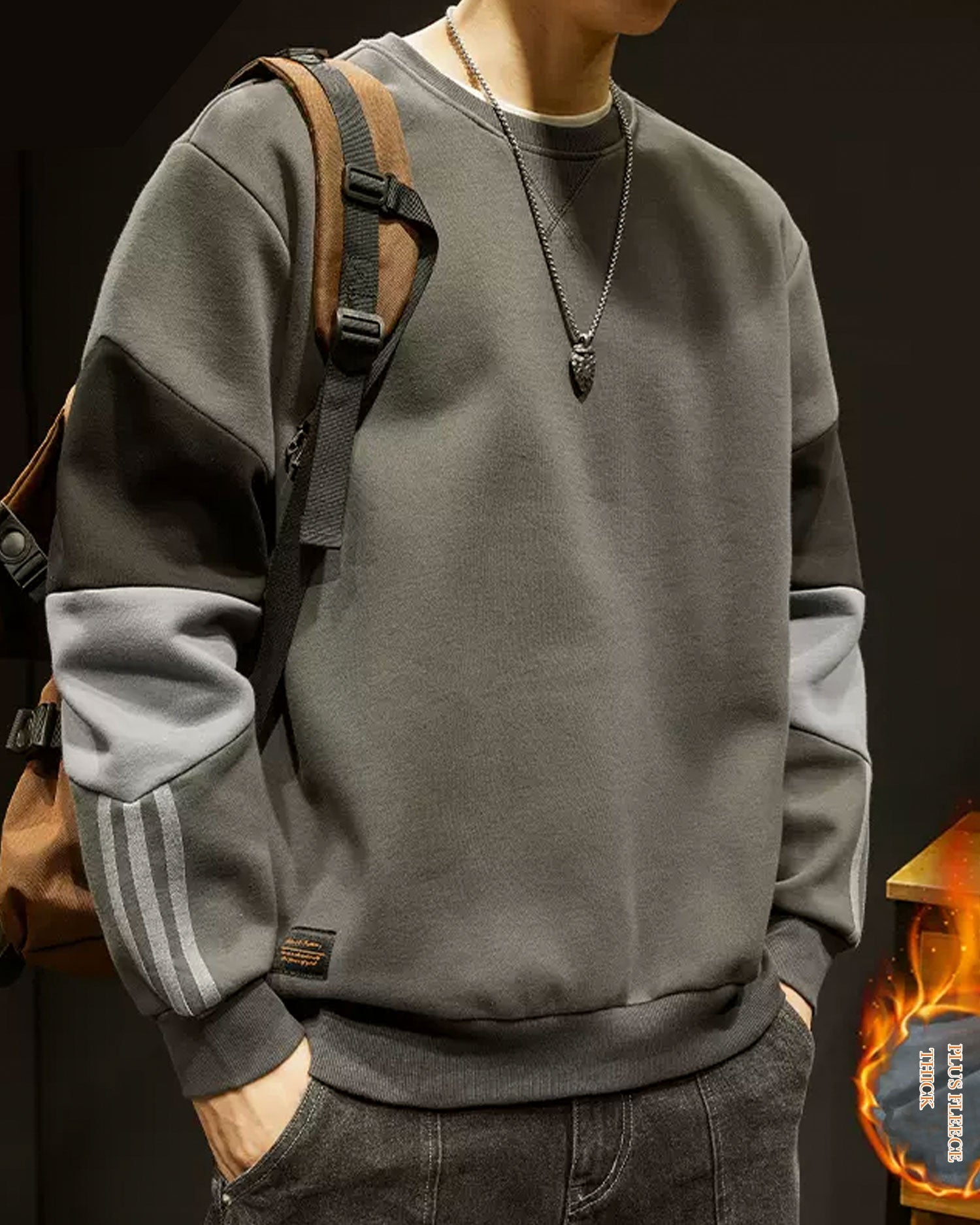 Relaxed Crewneck Cotton Pullover - Fossil, XL image