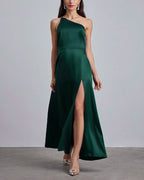 Silk One Shoulder Maxi Dress - Turquoise Green, S image