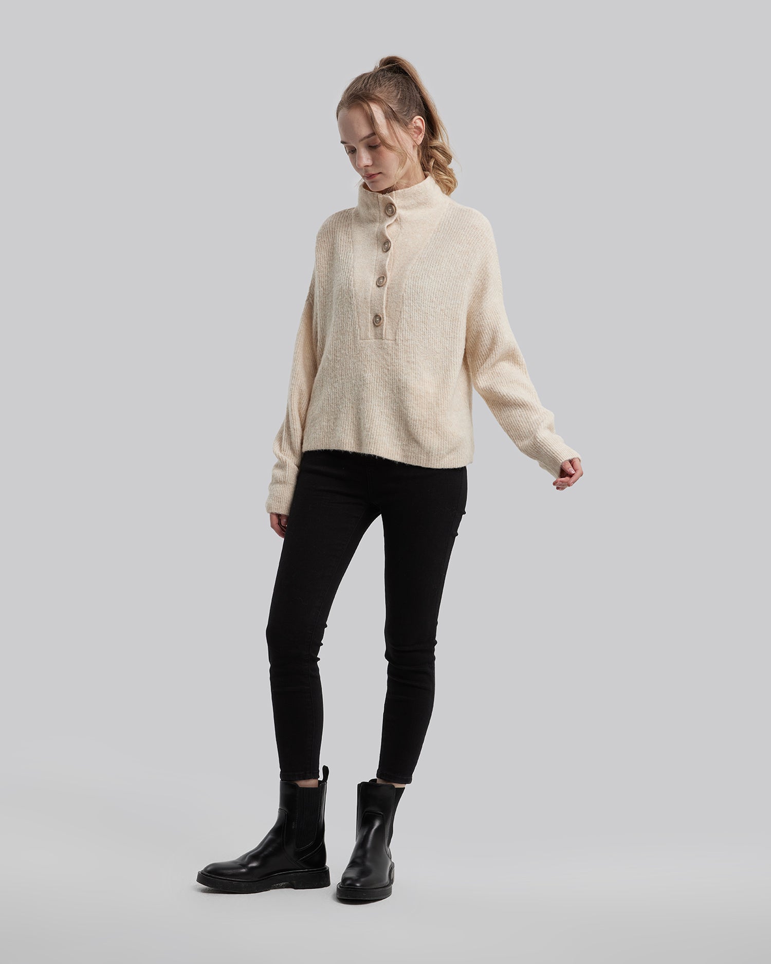 Buttoned High Neck Sweater - Light Apricot, M image
