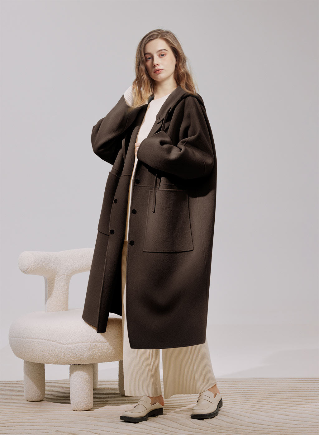 Detachable-Hood Wool Long Coat - Black Coffee, S image