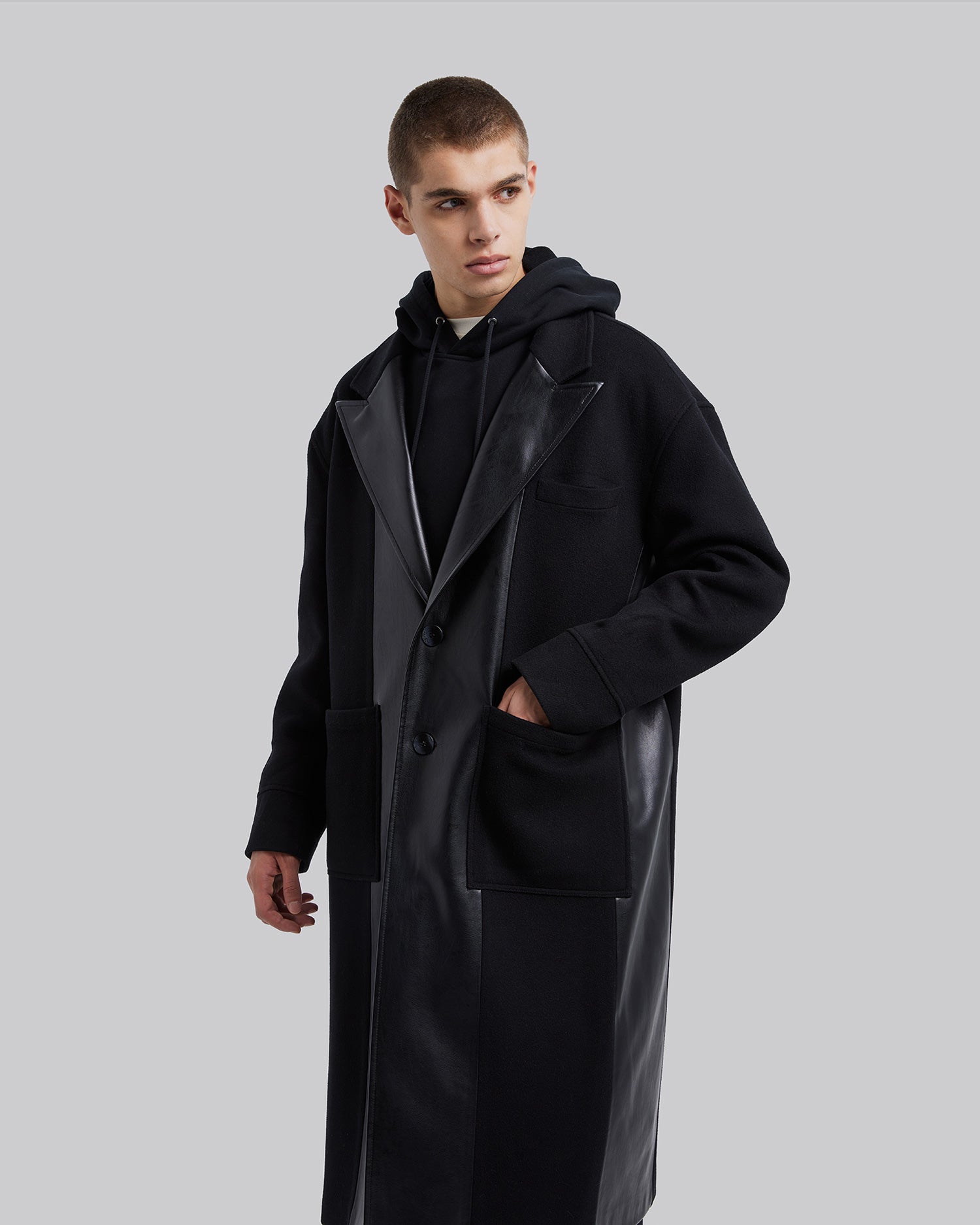 Wool &Faux-Leather Panel Coat image 1