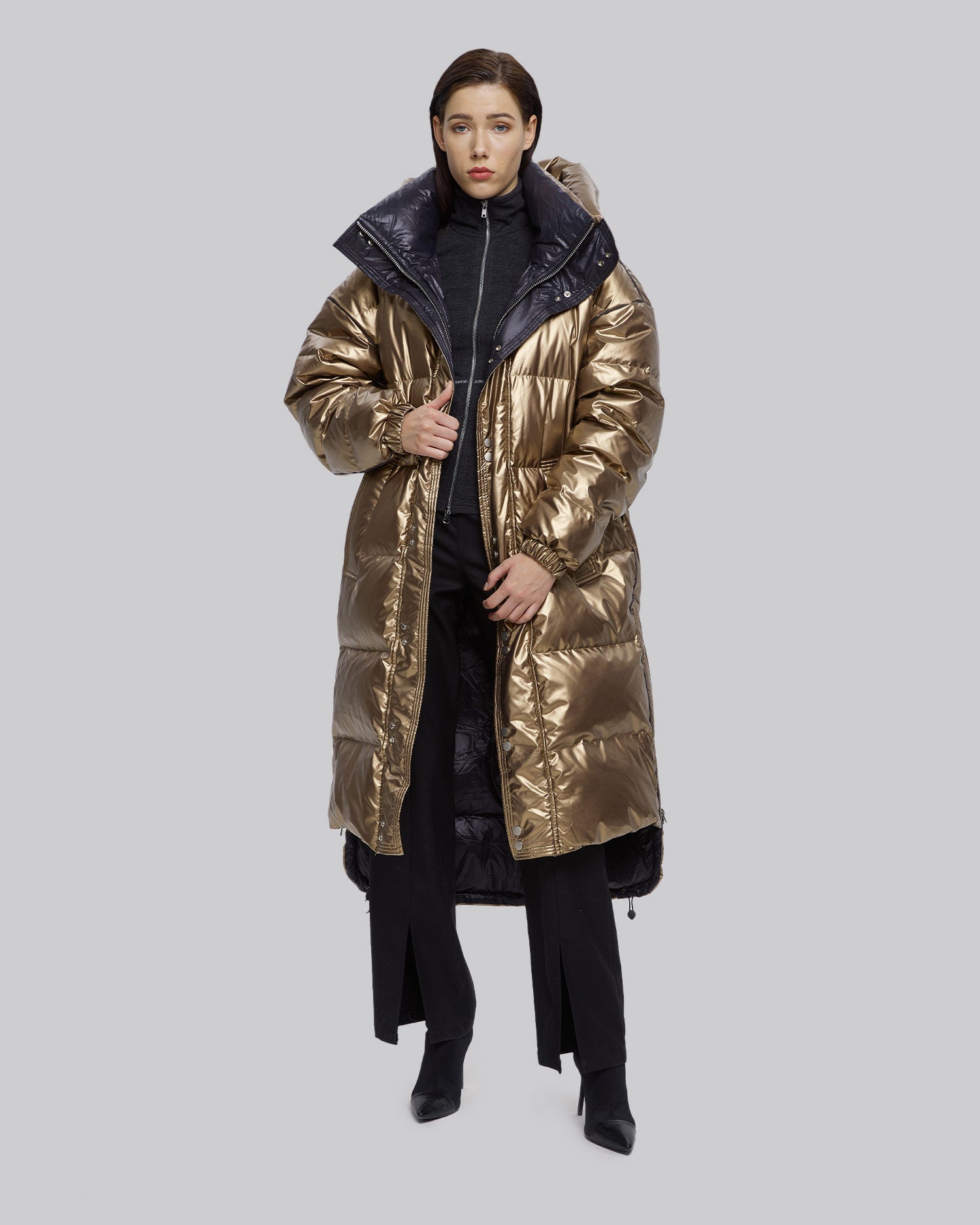 Long Puffer Jacket with Adjustable Waistline - Gold, S image
