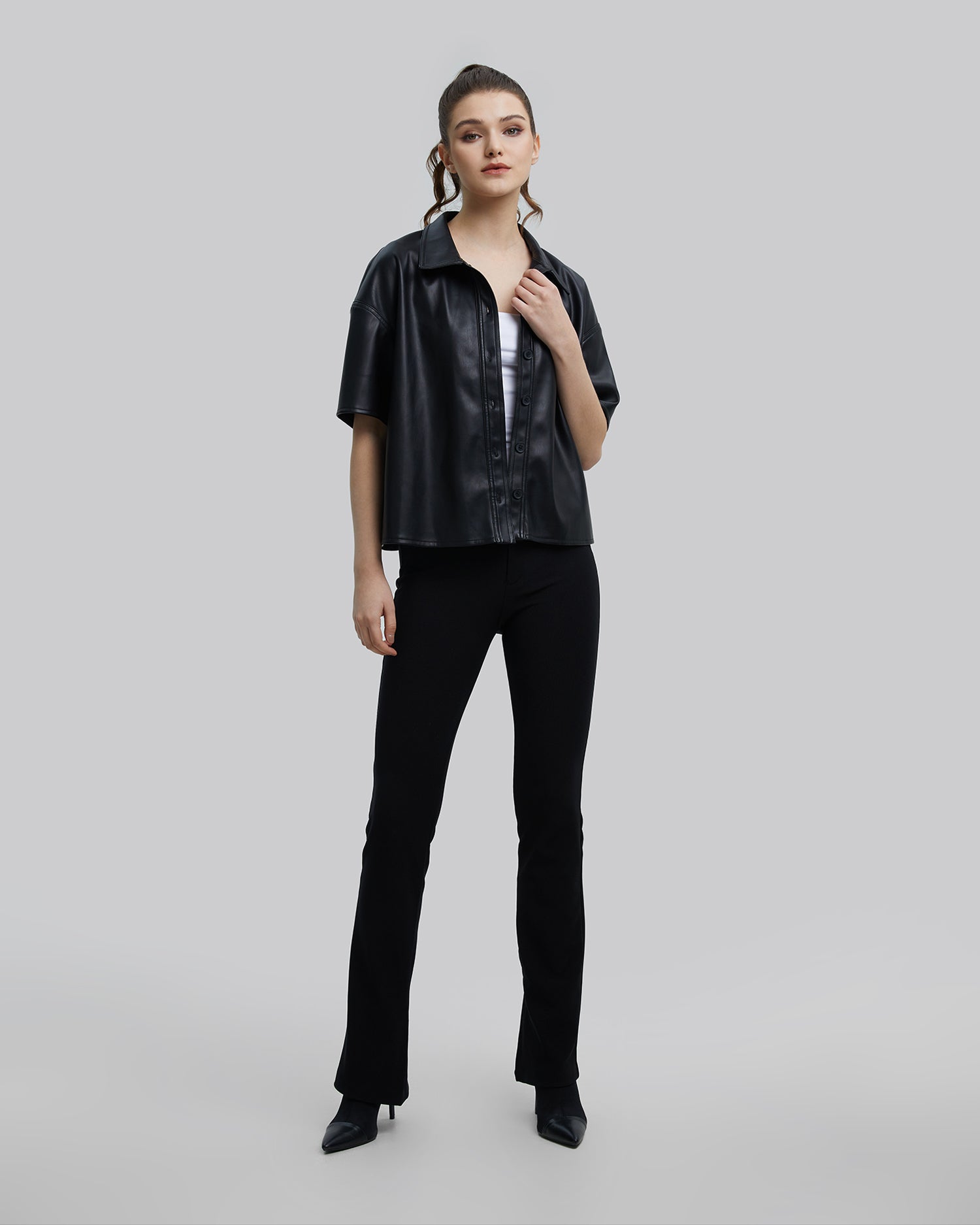 Faux-Leather Short-Sleeve Shirt - Black, L image