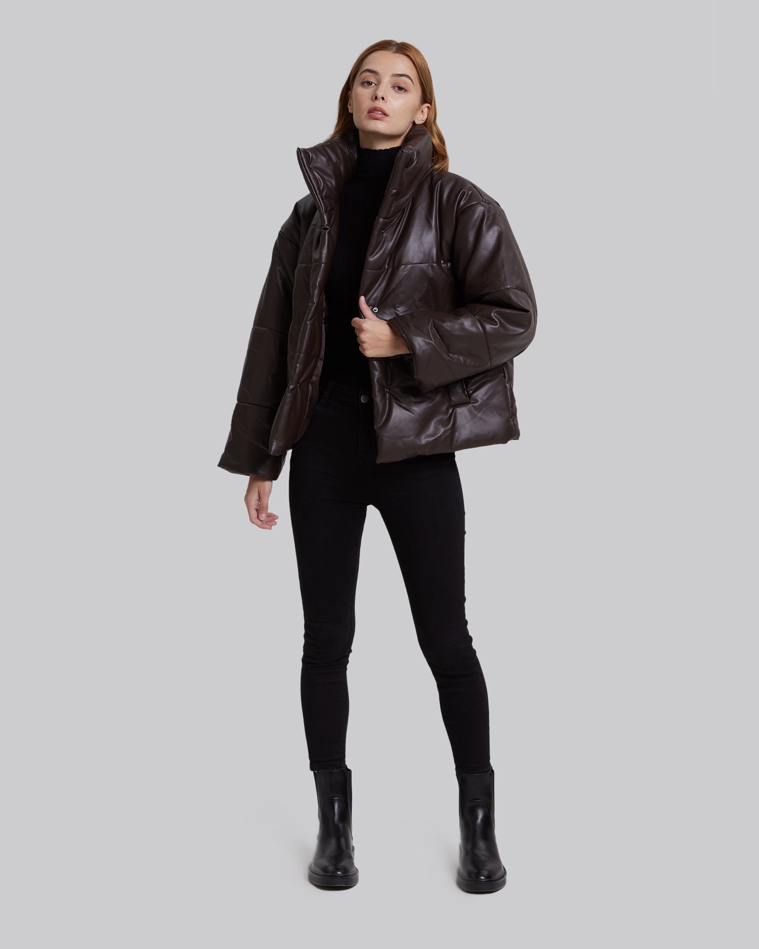 Faux-Leather Puffer Jacket - Mocha, M image