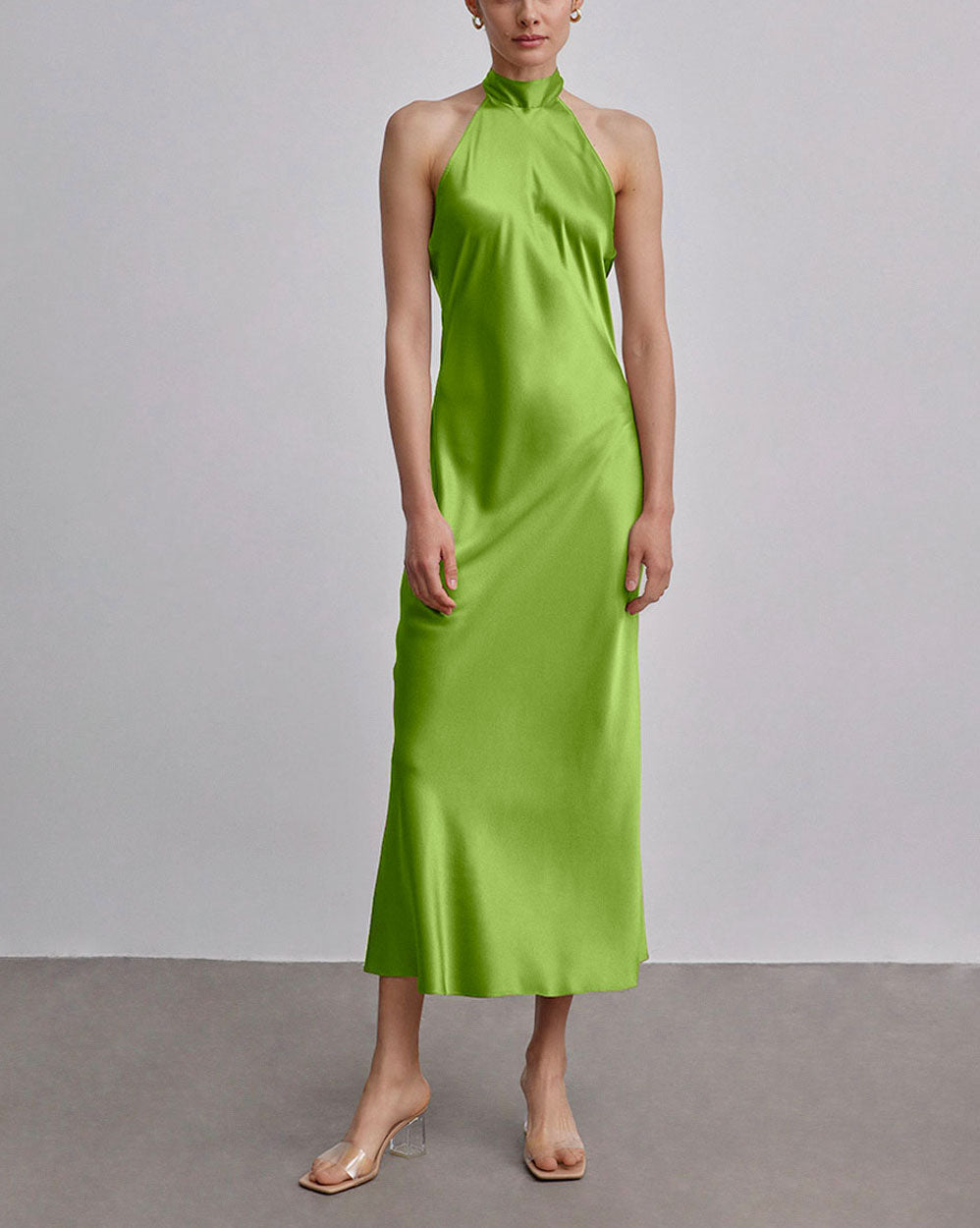Halterneck Silk Maxi Dress - Lime, L image