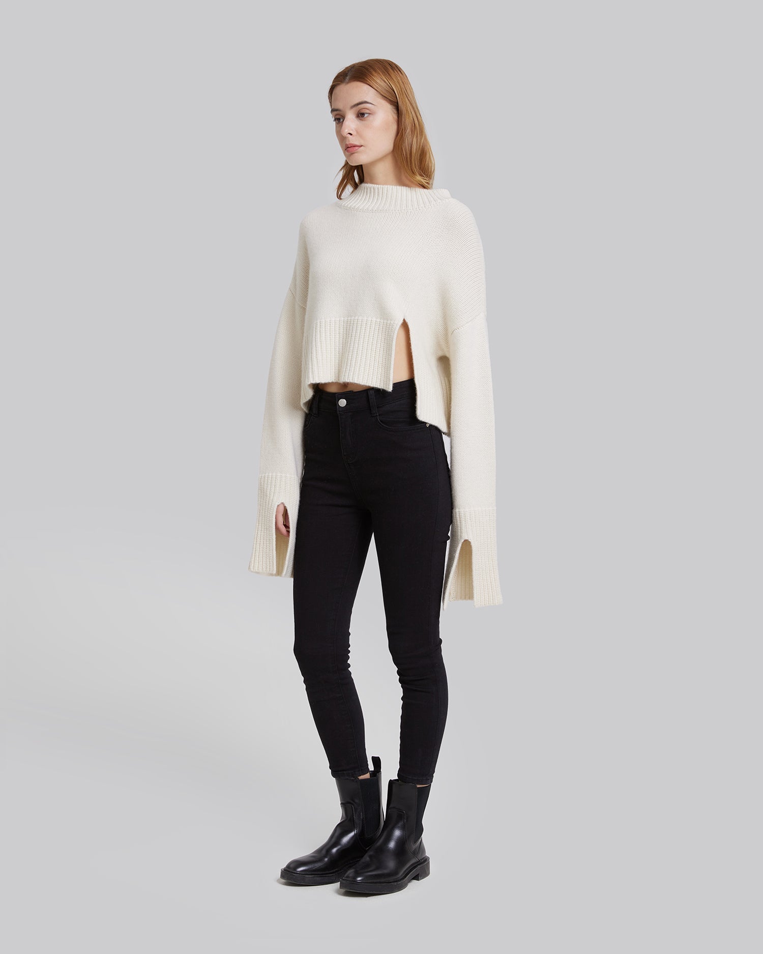 Cropped Side Slit Cashmere Sweater - lvory, L image