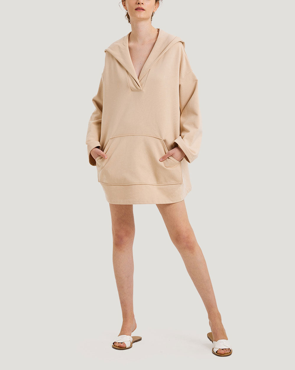 Cotton V-Neck Wide-Sleeve Hoodie - Cookie Dough, S image