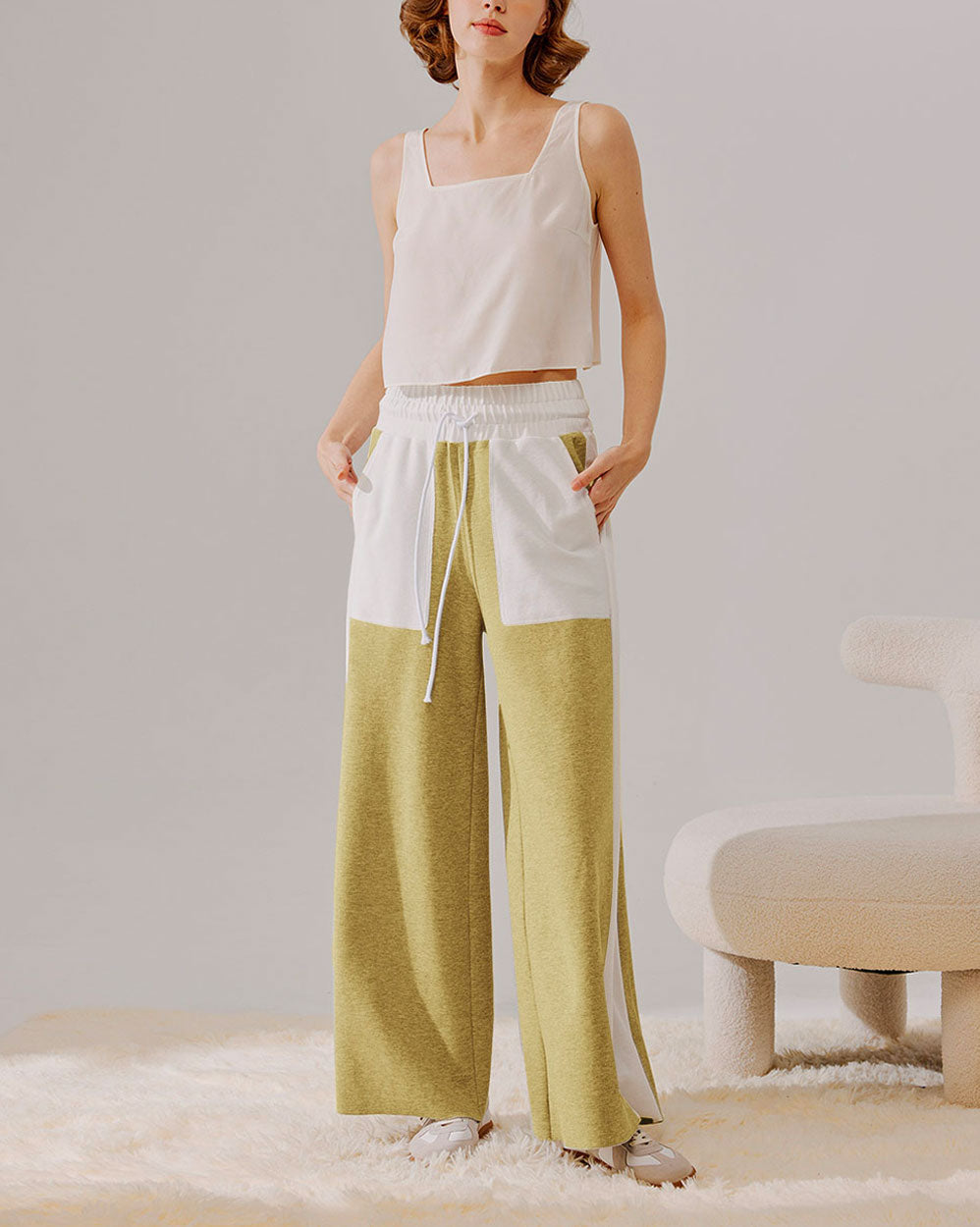 Drawstring Wide Leg Paneled Pants - Khaki, S image