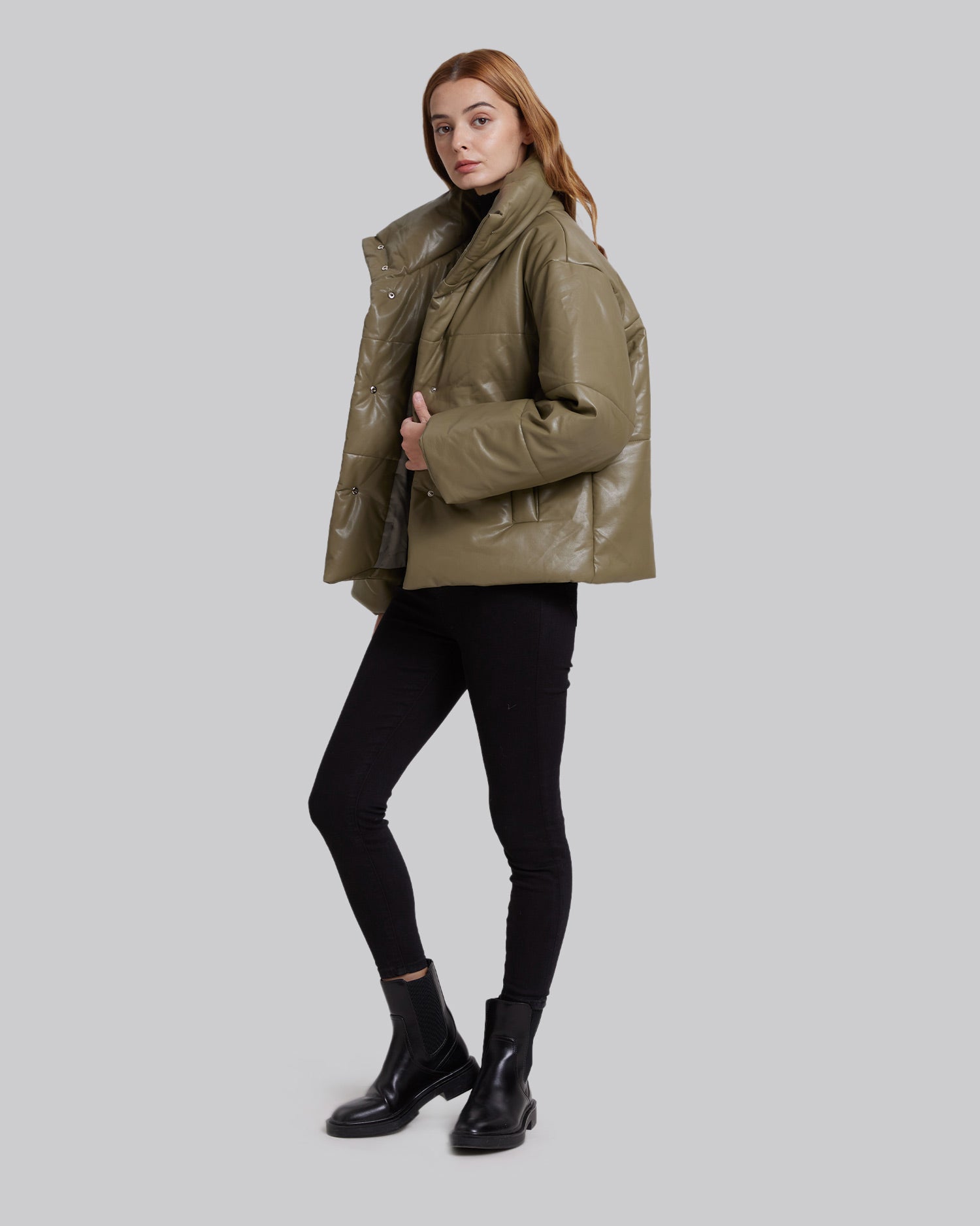 Faux-Leather Puffer Jacket - Olivine, S image
