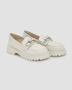 Shiny Round-Toe Loafers With Pearl Buckle - Creamy White, 8 image
