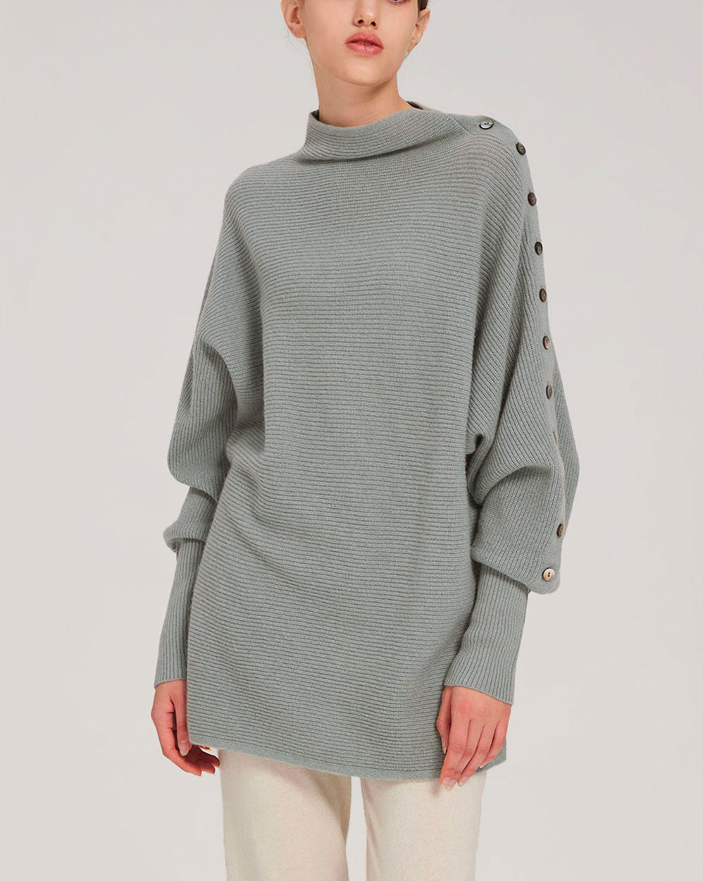Button-Sleeve Cashmere Sweater - Lake Green, XL image