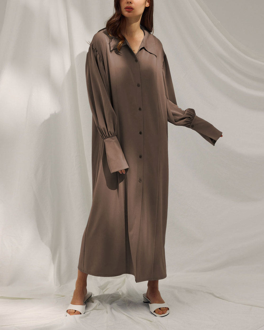 Buttoned Back Drape Shirt Robe - Dark Brown, S image
