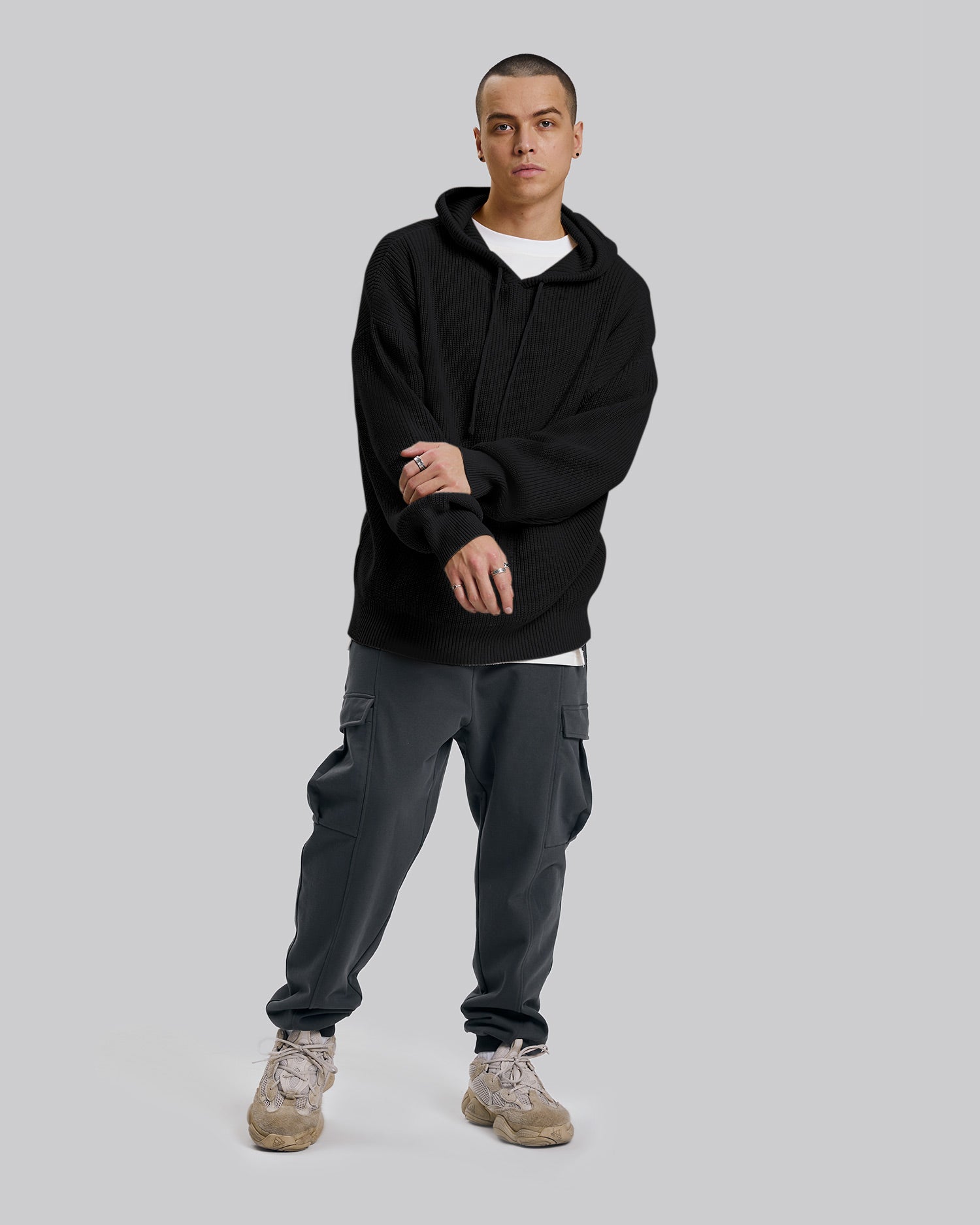 Knitted Hooded Sweater - Black, L image