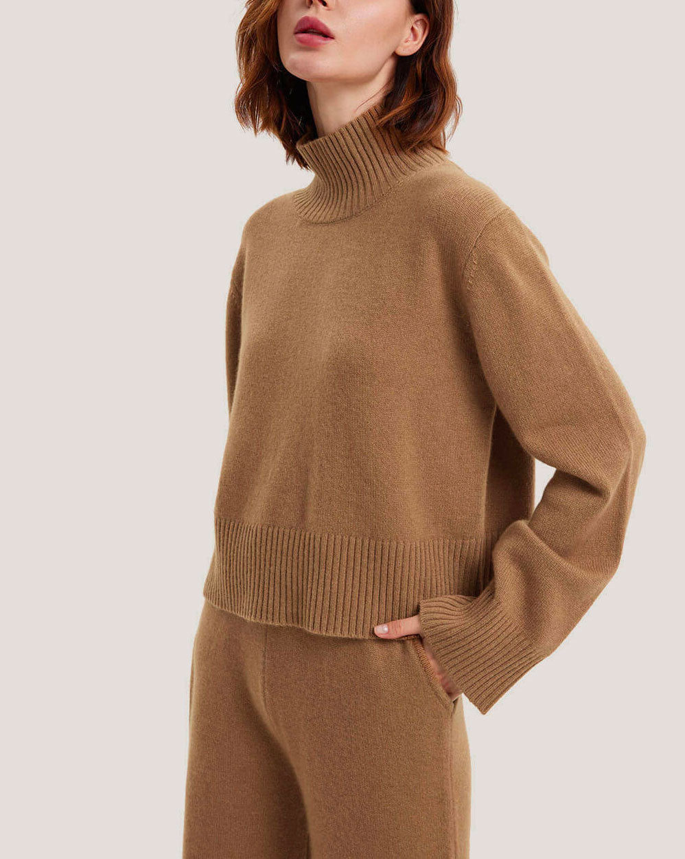 Cashmere Cropped Turtleneck Sweater - Camel, XL image