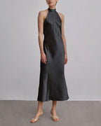 Halterneck Silk Maxi Dress - MIDNIGHT-BLACK, S image