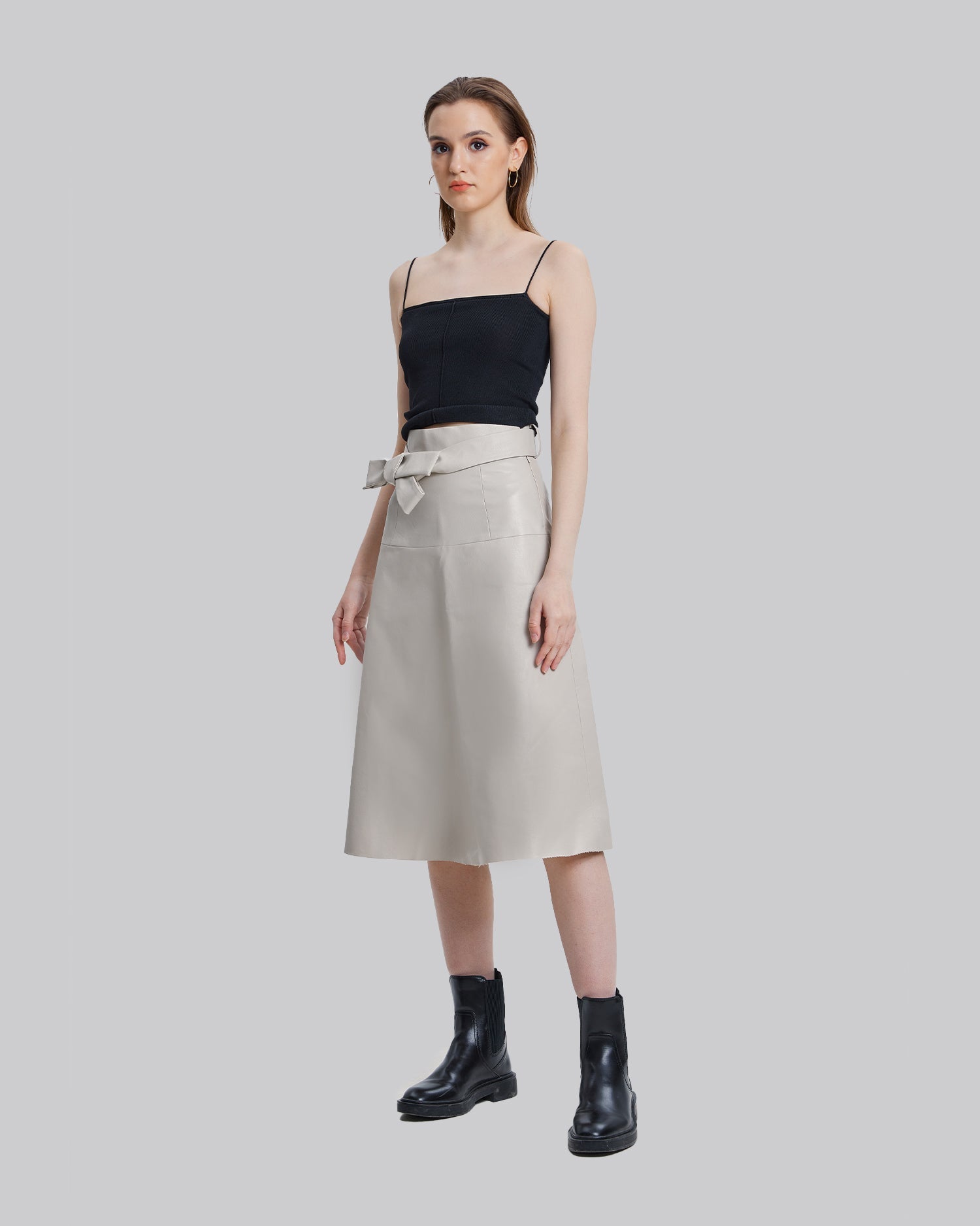 Faux Leather Belted Skirt - Ecru White, M image