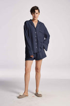 Silk Contrast Pajama Set - Navy Blue, S image
