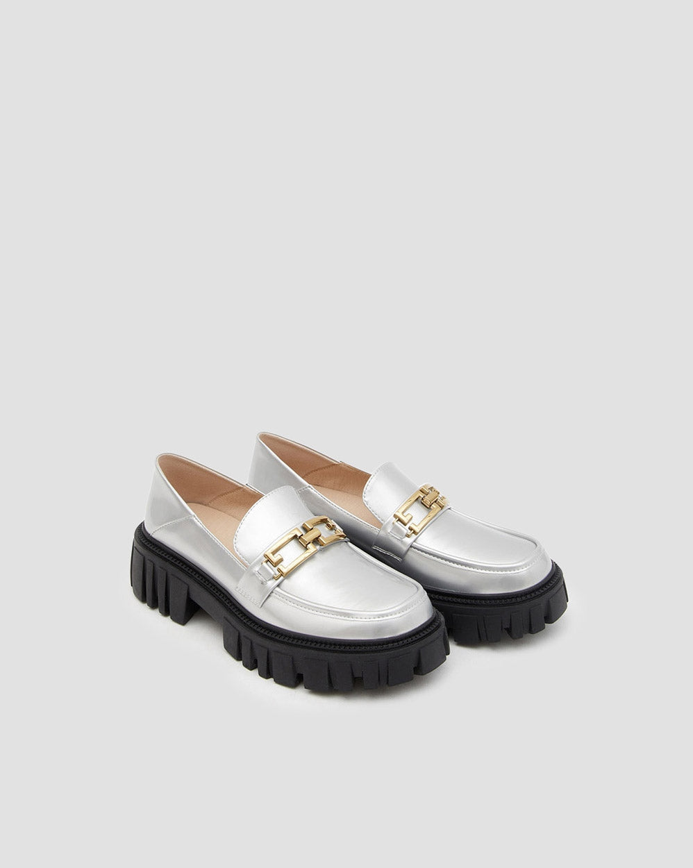 Shiny Leather Loafers With Chain - Silver, 7 image