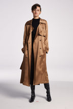 Draped Double-Breasted Trench Coat - Dark Brown, S image