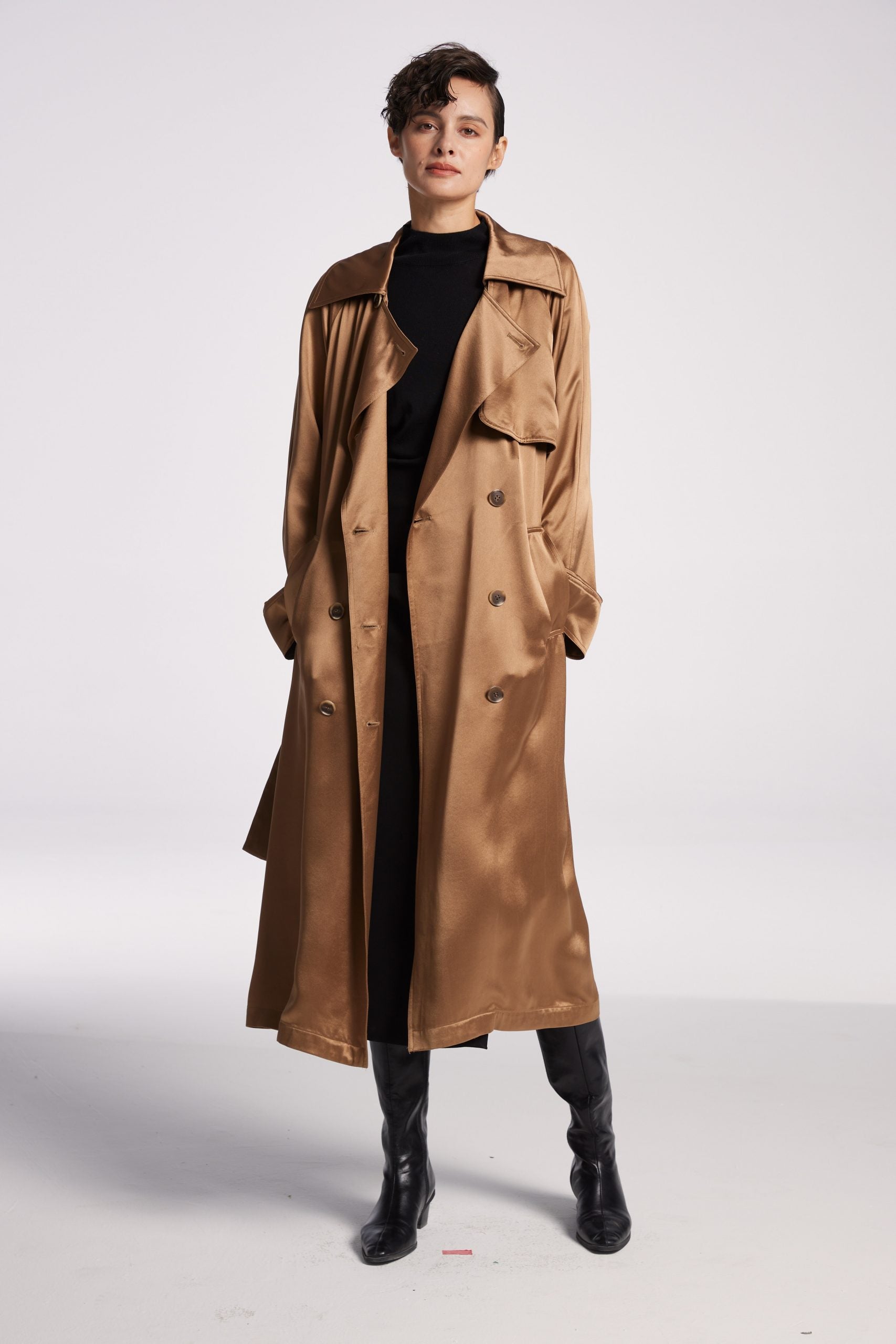 Draped Double-Breasted Trench Coat - Dark Brown, S image